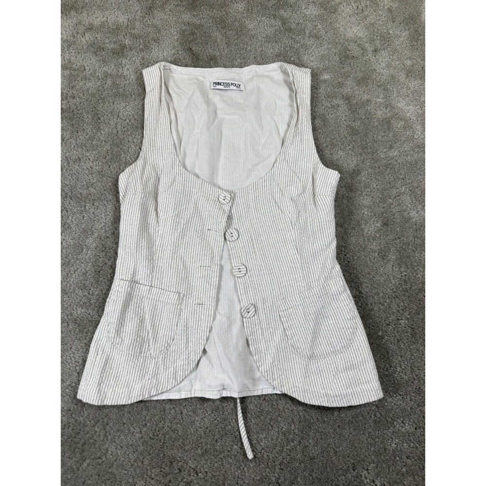 Princess Polly Pinstripe Vest Cream Black Linen Blend Button Front Size US 2